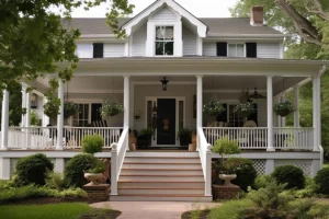 A colonial house with a wrap-around porch that has a new entry door and windows as well as outdoor furniture and hanging plants to create a welcoming atmosphere for guests in Granger, IN.