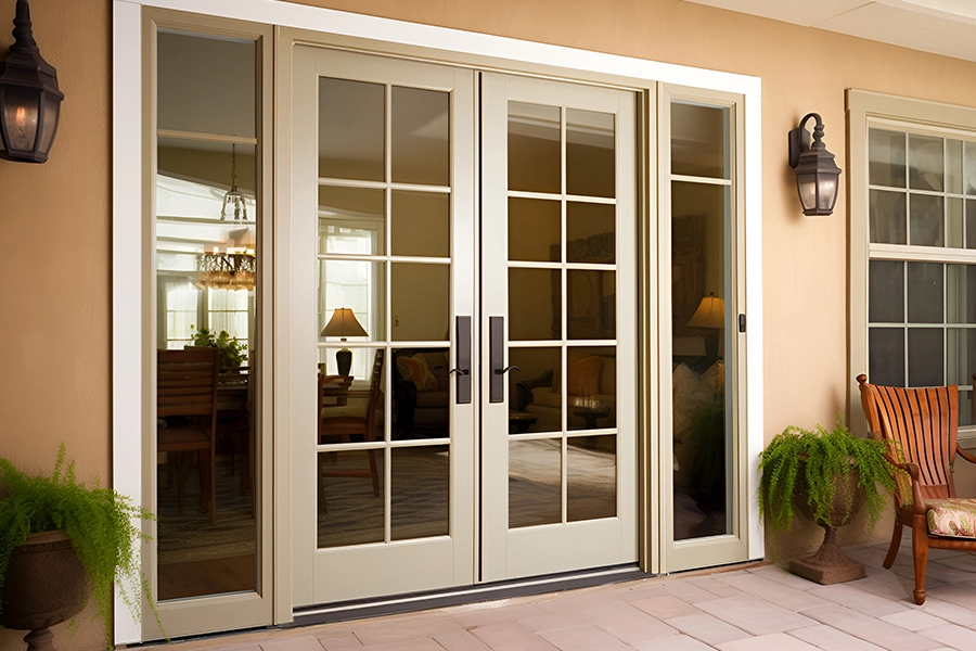 Beautiful, white French patio doors in Granger, IN., featuring a pristine and upscale patio door design