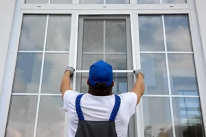 Energy Efficient Replacements—a professional is installing new windows on a home in Granger, IN.