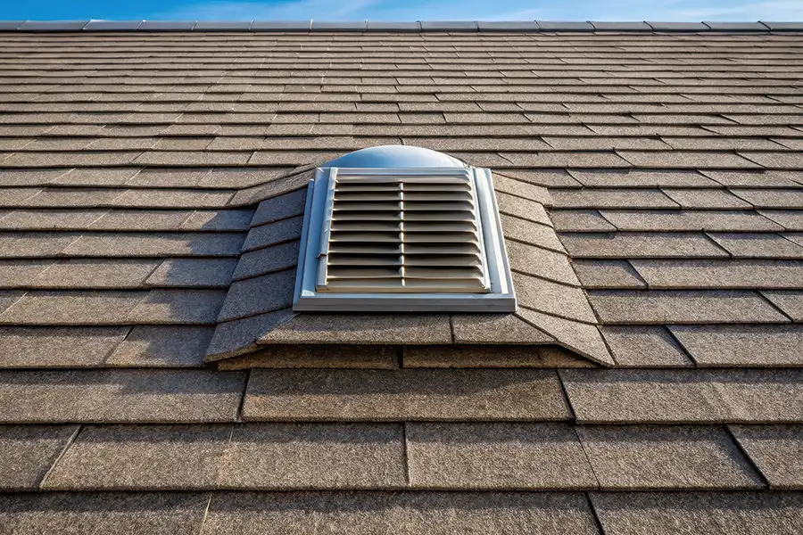 Energy Efficient Replacements—A static vent on a shingled roof on a home in Granger, IN.