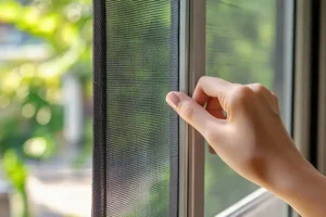 Energy Efficient Replacements—A woman opens her window to reveal a pet-resistant screen in her home in Granger, IN.