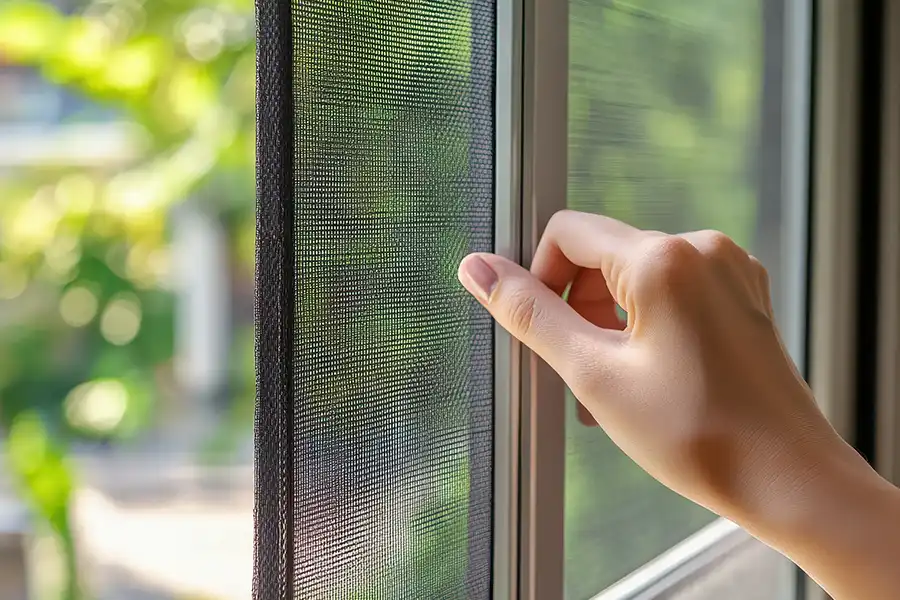Energy Efficient Replacements—A woman opens her window to reveal a pet-resistant screen in her home in Granger, IN.